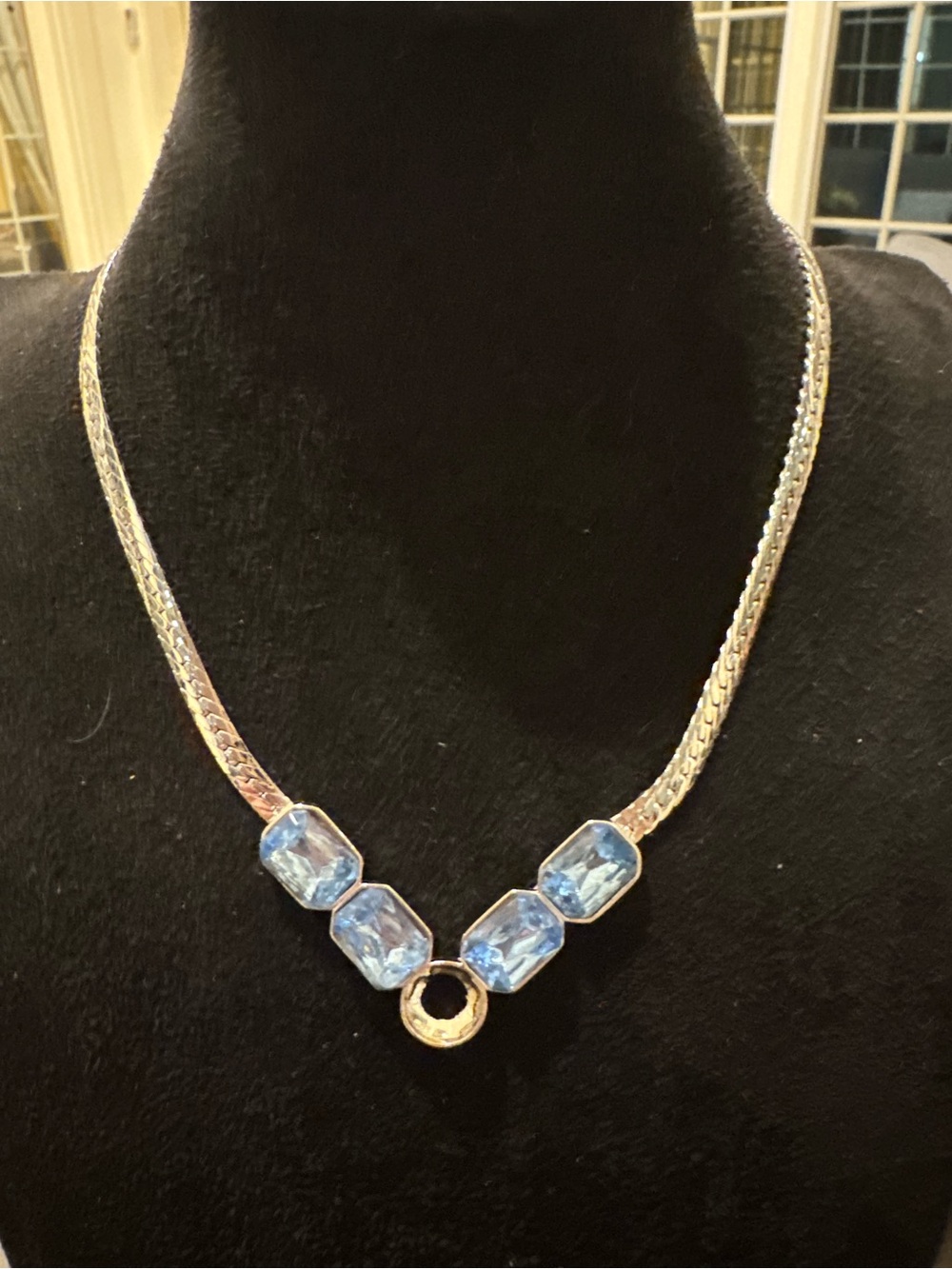 Silver Tone Blue Crystal Statement Necklace – Missing Center Stone